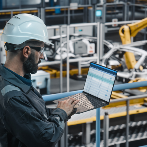 Man with Laptop on Factory Floor